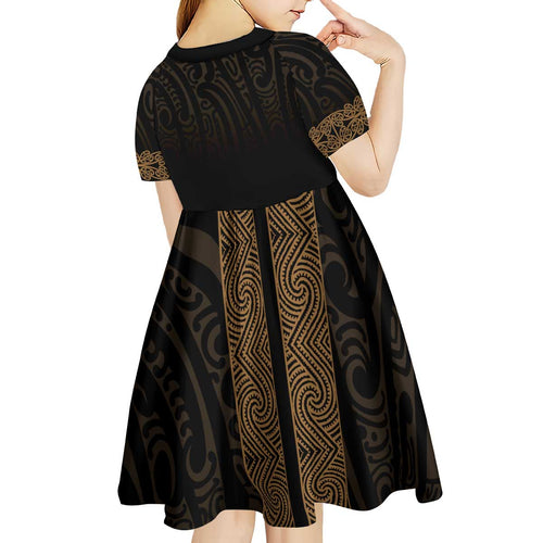 New Zealand Maori Kowhaiwhai Kid Short Sleeve Dress Parauri Maui and Mangopare
