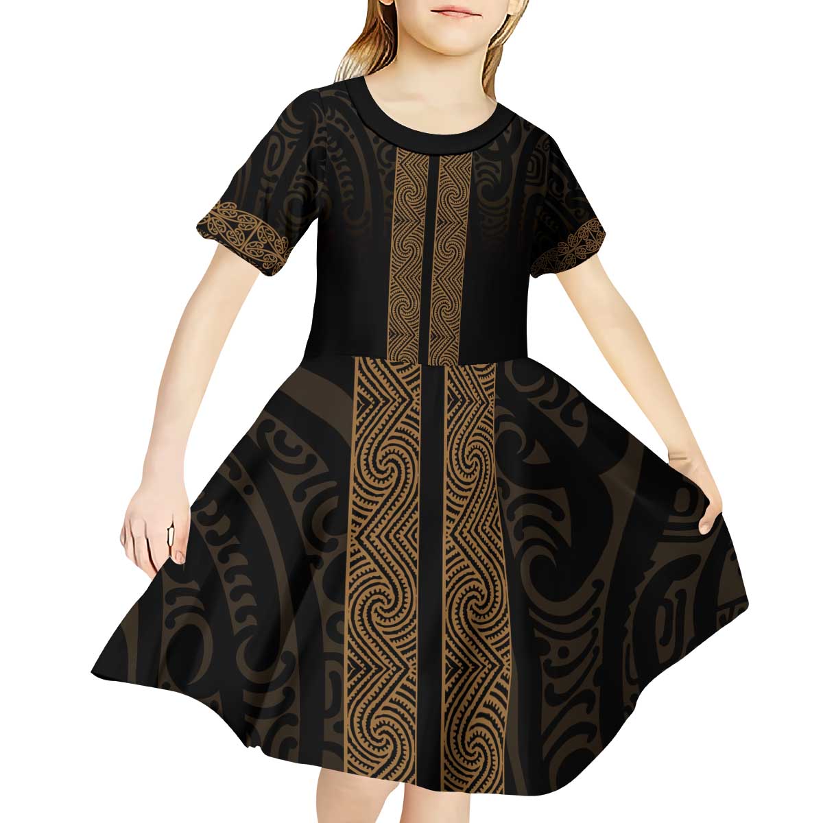 New Zealand Maori Kowhaiwhai Kid Short Sleeve Dress Parauri Maui and Mangopare
