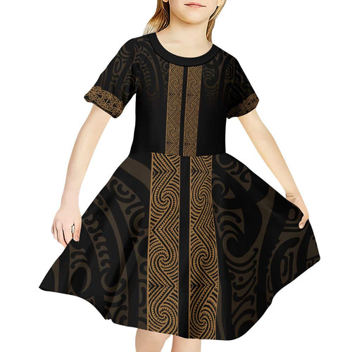 New Zealand Maori Kowhaiwhai Kid Short Sleeve Dress Parauri Maui and Mangopare