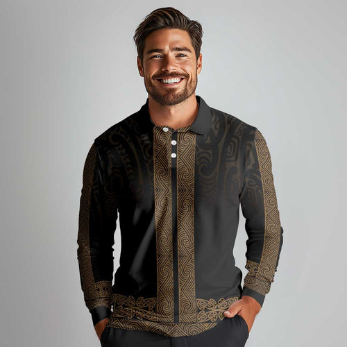 New Zealand Maori Kowhaiwhai Long Sleeve Polo Shirt Parauri Maui and Mangopare