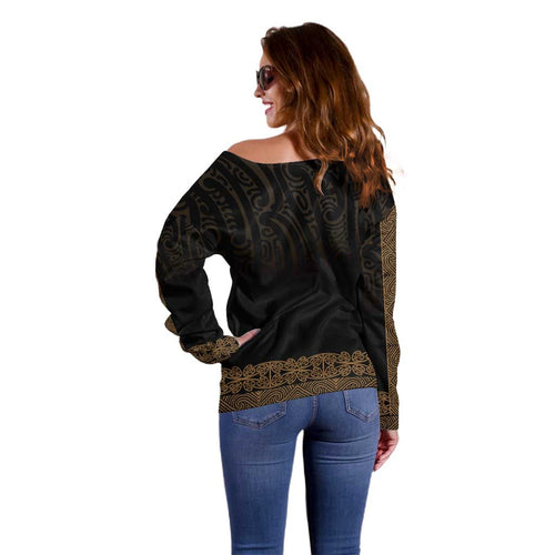 New Zealand Maori Kowhaiwhai Off Shoulder Sweater Parauri Maui and Mangopare