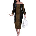 New Zealand Maori Kowhaiwhai Off The Shoulder Long Sleeve Dress Parauri Maui and Mangopare
