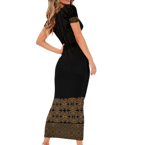 New Zealand Maori Kowhaiwhai Short Sleeve Bodycon Dress Parauri Maui and Mangopare