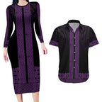 New Zealand Maori Kowhaiwhai Couples Matching Long Sleeve Bodycon Dress and Hawaiian Shirt Waiporoporo Maui and Mangopare