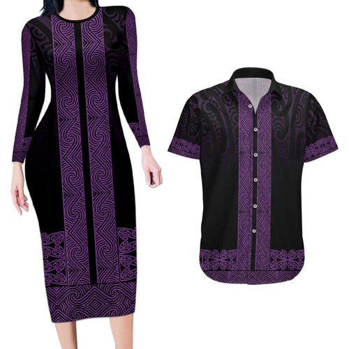 New Zealand Maori Kowhaiwhai Couples Matching Long Sleeve Bodycon Dress and Hawaiian Shirt Waiporoporo Maui and Mangopare
