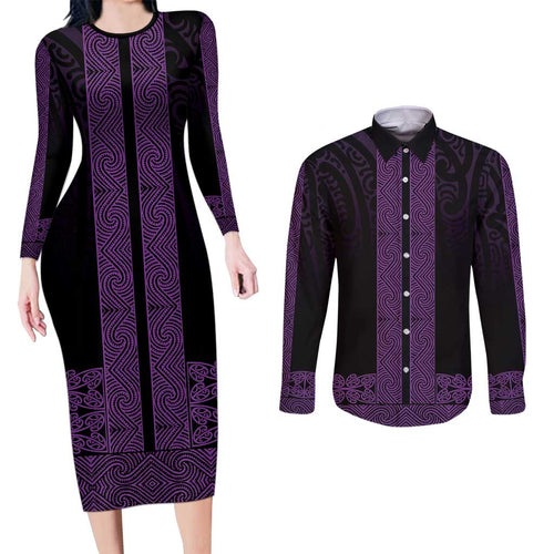 New Zealand Maori Kowhaiwhai Couples Matching Long Sleeve Bodycon Dress and Long Sleeve Button Shirt Waiporoporo Maui and Mangopare