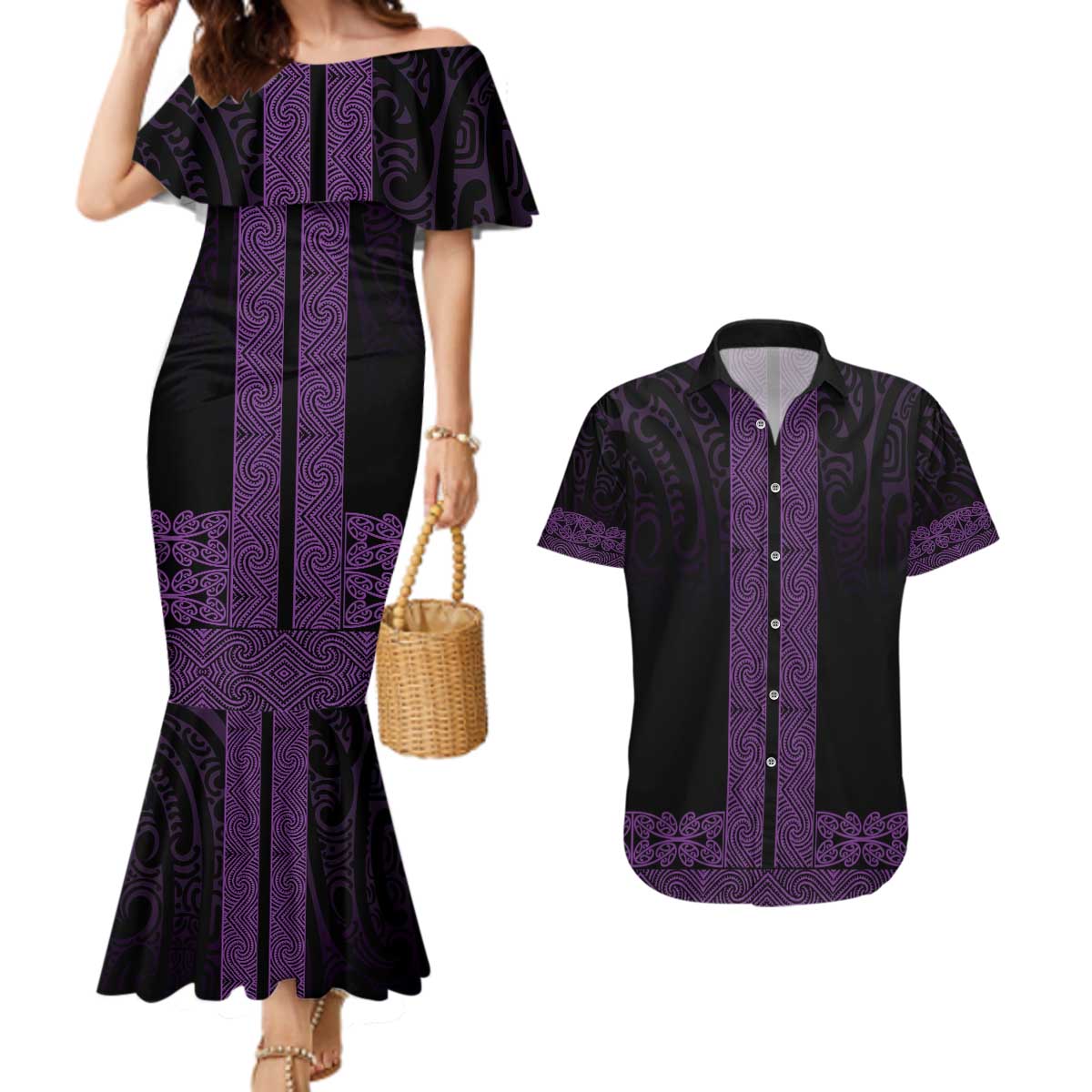 New Zealand Maori Kowhaiwhai Couples Matching Mermaid Dress and Hawaiian Shirt Waiporoporo Maui and Mangopare
