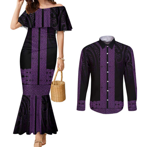 New Zealand Maori Kowhaiwhai Couples Matching Mermaid Dress and Long Sleeve Button Shirt Waiporoporo Maui and Mangopare