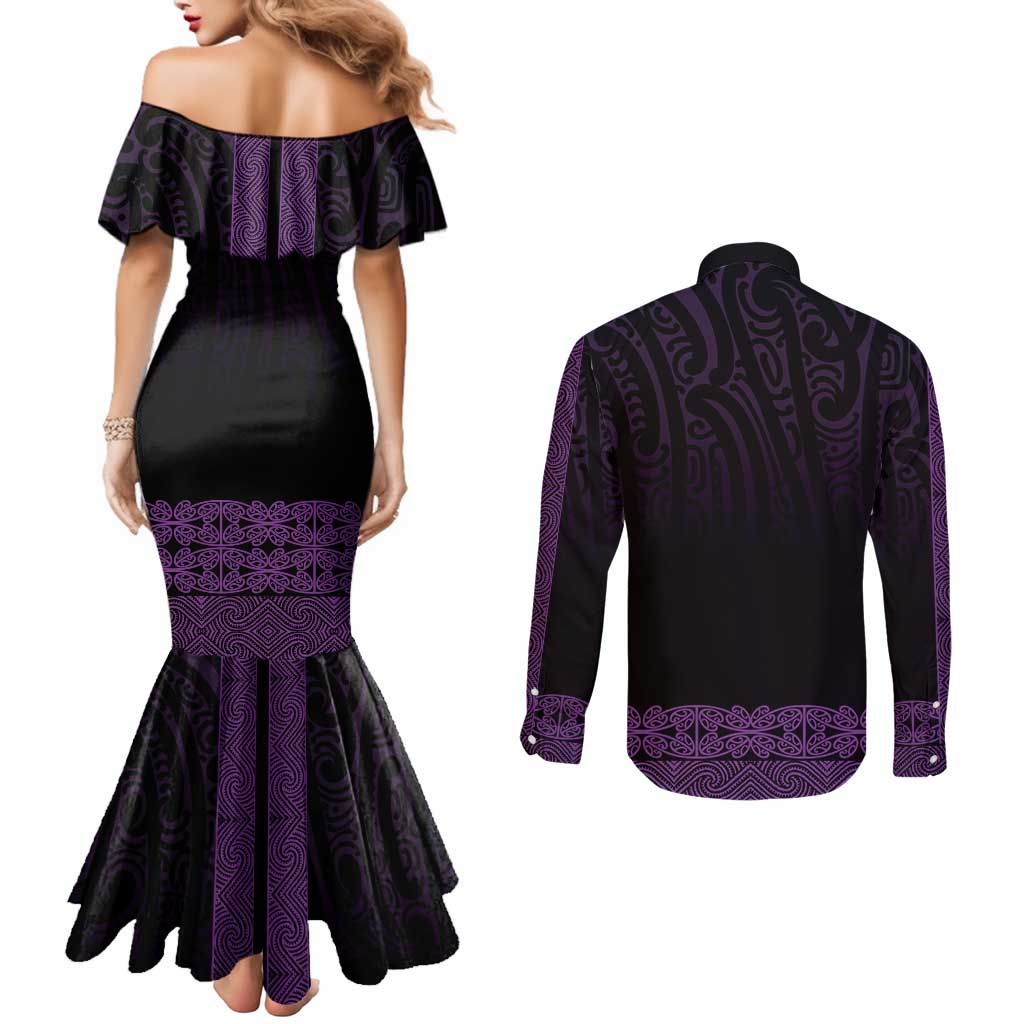 New Zealand Maori Kowhaiwhai Couples Matching Mermaid Dress and Long Sleeve Button Shirt Waiporoporo Maui and Mangopare