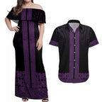 New Zealand Maori Kowhaiwhai Couples Matching Off Shoulder Maxi Dress and Hawaiian Shirt Waiporoporo Maui and Mangopare