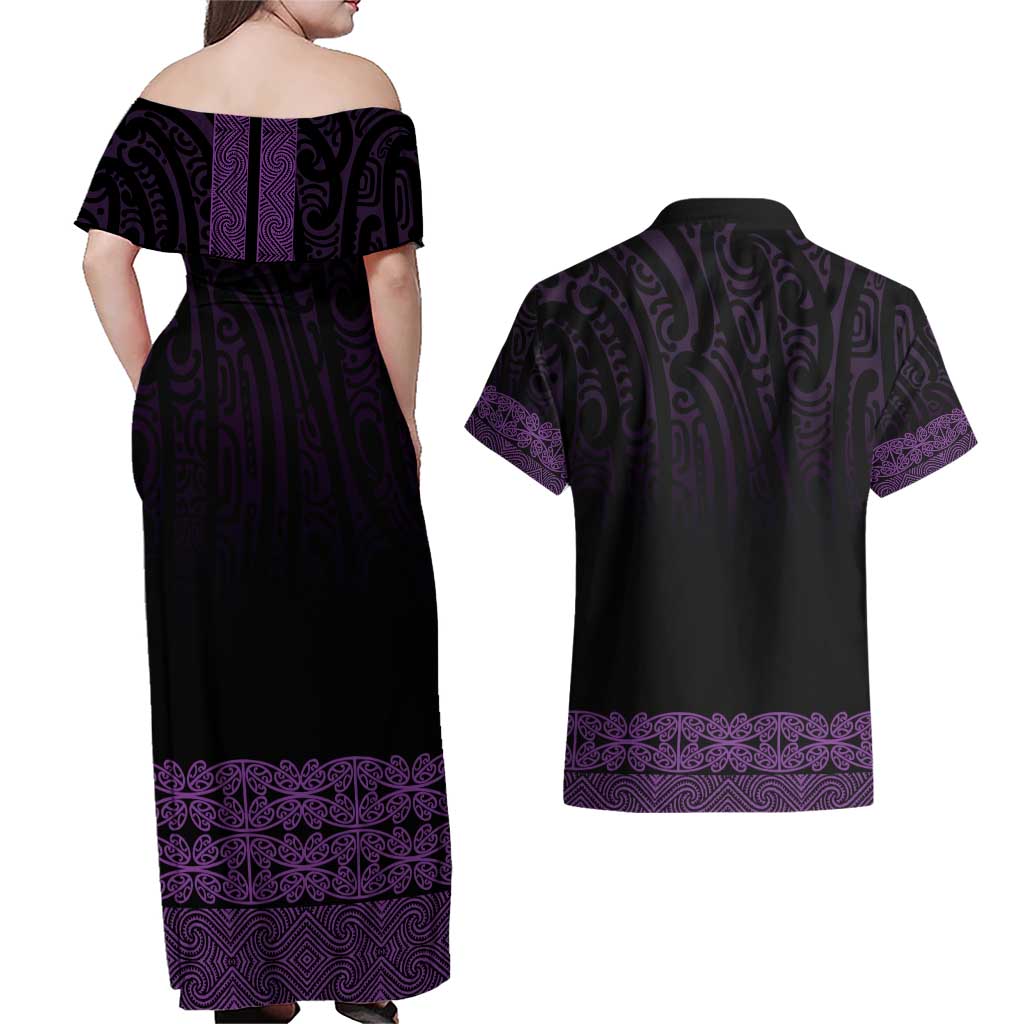 New Zealand Maori Kowhaiwhai Couples Matching Off Shoulder Maxi Dress and Hawaiian Shirt Waiporoporo Maui and Mangopare