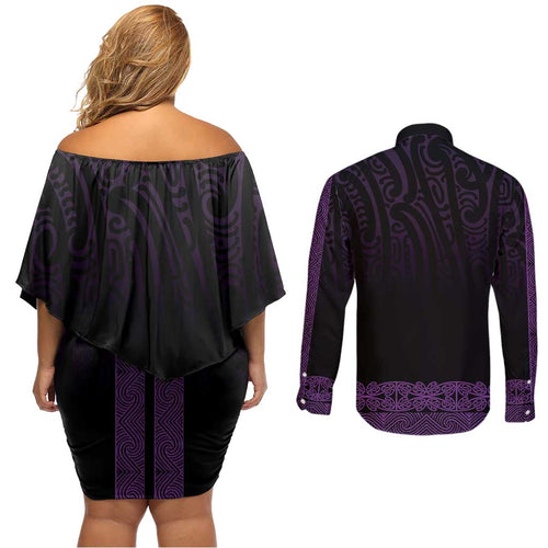 New Zealand Maori Kowhaiwhai Couples Matching Off Shoulder Short Dress and Long Sleeve Button Shirt Waiporoporo Maui and Mangopare