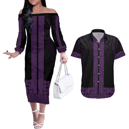New Zealand Maori Kowhaiwhai Couples Matching Off The Shoulder Long Sleeve Dress and Hawaiian Shirt Waiporoporo Maui and Mangopare