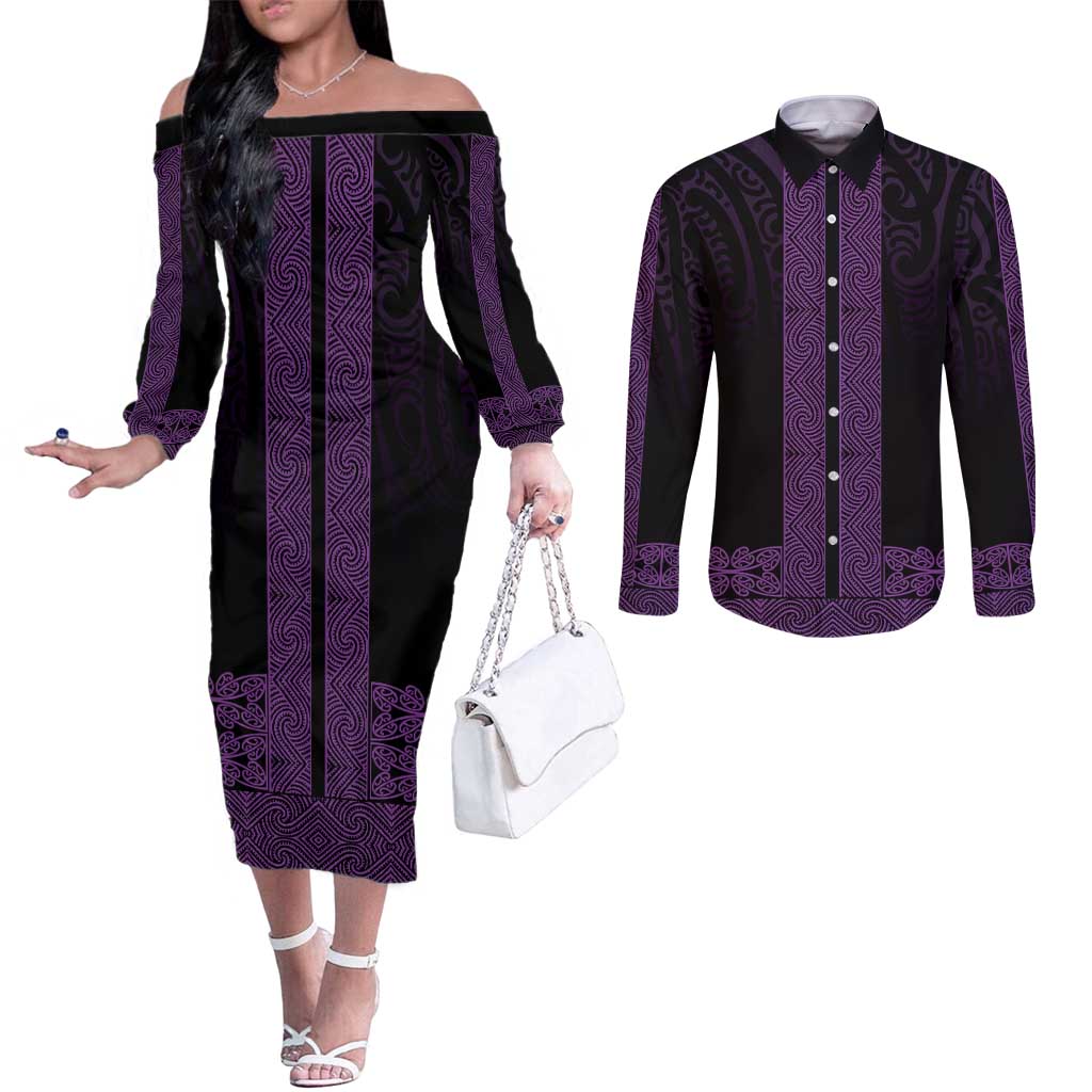 New Zealand Maori Kowhaiwhai Couples Matching Off The Shoulder Long Sleeve Dress and Long Sleeve Button Shirt Waiporoporo Maui and Mangopare