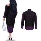 New Zealand Maori Kowhaiwhai Couples Matching Off The Shoulder Long Sleeve Dress and Long Sleeve Button Shirt Waiporoporo Maui and Mangopare