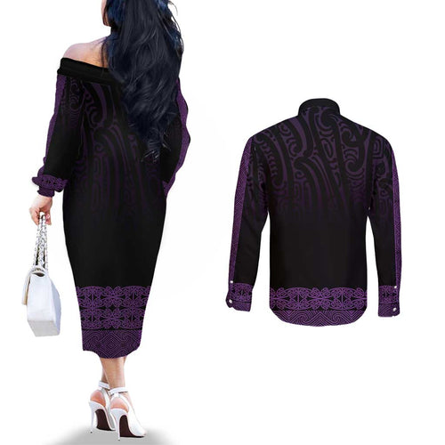 New Zealand Maori Kowhaiwhai Couples Matching Off The Shoulder Long Sleeve Dress and Long Sleeve Button Shirt Waiporoporo Maui and Mangopare