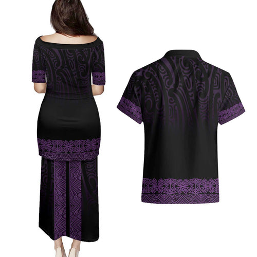 New Zealand Maori Kowhaiwhai Couples Matching Puletasi and Hawaiian Shirt Waiporoporo Maui and Mangopare