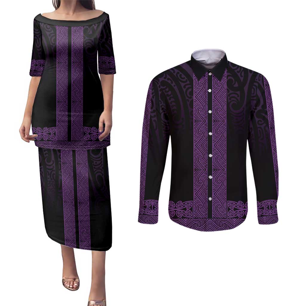 New Zealand Maori Kowhaiwhai Couples Matching Puletasi and Long Sleeve Button Shirt Waiporoporo Maui and Mangopare