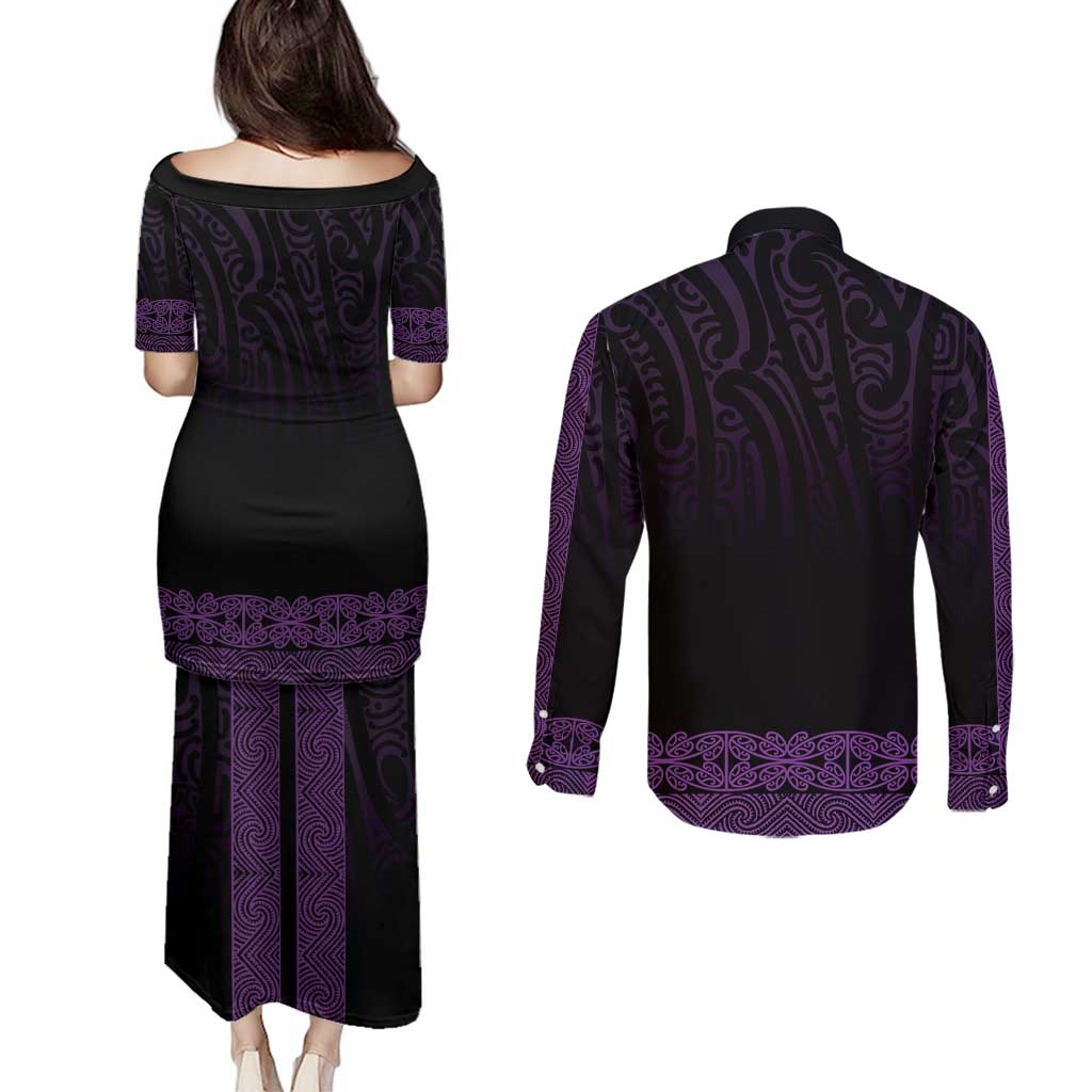 New Zealand Maori Kowhaiwhai Couples Matching Puletasi and Long Sleeve Button Shirt Waiporoporo Maui and Mangopare