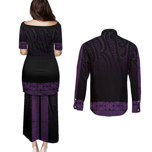 New Zealand Maori Kowhaiwhai Couples Matching Puletasi and Long Sleeve Button Shirt Waiporoporo Maui and Mangopare
