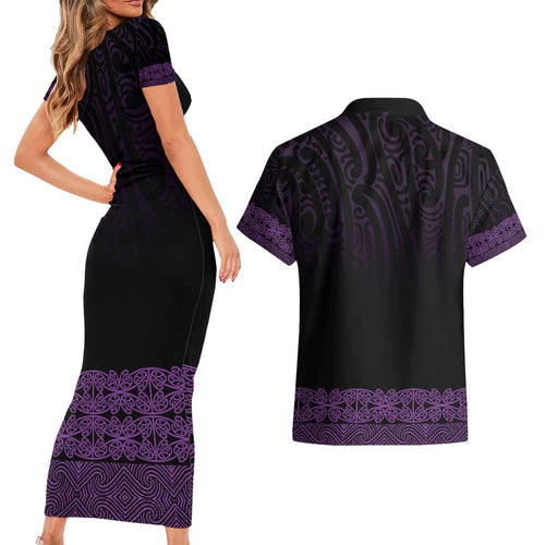 New Zealand Maori Kowhaiwhai Couples Matching Short Sleeve Bodycon Dress and Hawaiian Shirt Waiporoporo Maui and Mangopare