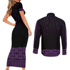 New Zealand Maori Kowhaiwhai Couples Matching Short Sleeve Bodycon Dress and Long Sleeve Button Shirt Waiporoporo Maui and Mangopare
