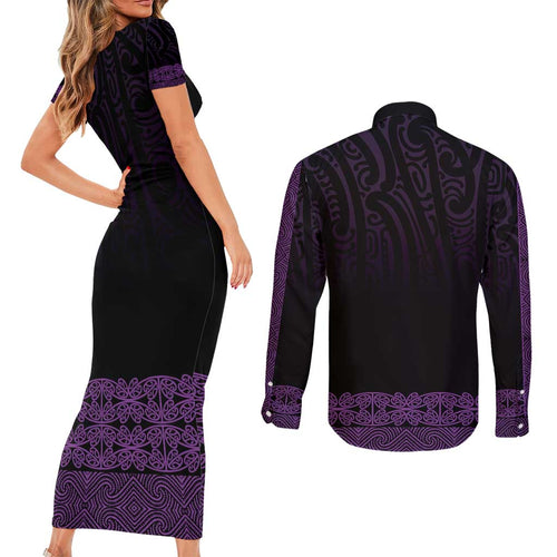 New Zealand Maori Kowhaiwhai Couples Matching Short Sleeve Bodycon Dress and Long Sleeve Button Shirt Waiporoporo Maui and Mangopare