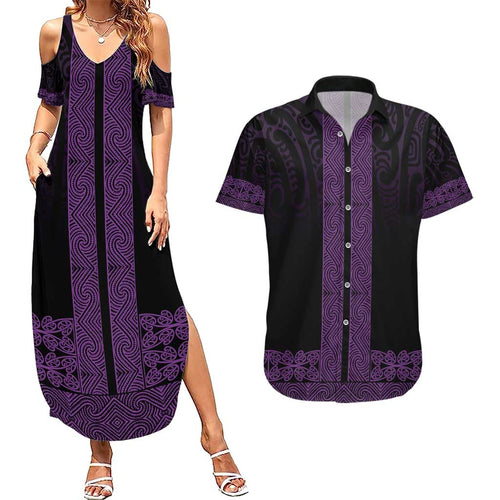 New Zealand Maori Kowhaiwhai Couples Matching Summer Maxi Dress and Hawaiian Shirt Waiporoporo Maui and Mangopare