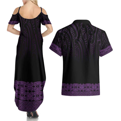 New Zealand Maori Kowhaiwhai Couples Matching Summer Maxi Dress and Hawaiian Shirt Waiporoporo Maui and Mangopare