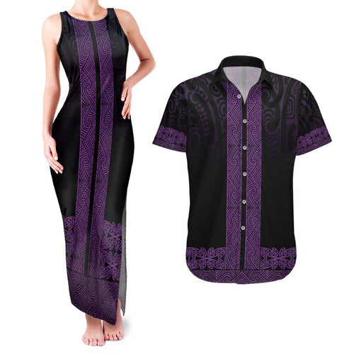 New Zealand Maori Kowhaiwhai Couples Matching Tank Maxi Dress and Hawaiian Shirt Waiporoporo Maui and Mangopare