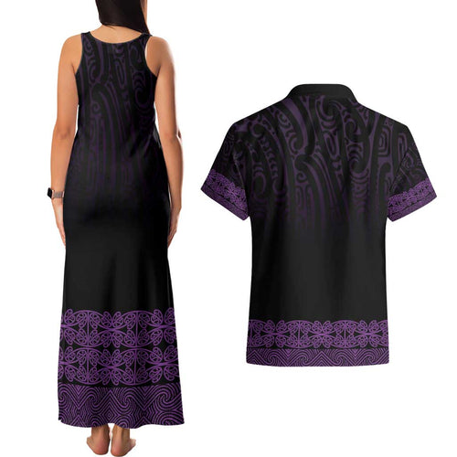New Zealand Maori Kowhaiwhai Couples Matching Tank Maxi Dress and Hawaiian Shirt Waiporoporo Maui and Mangopare