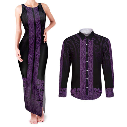 New Zealand Maori Kowhaiwhai Couples Matching Tank Maxi Dress and Long Sleeve Button Shirt Waiporoporo Maui and Mangopare