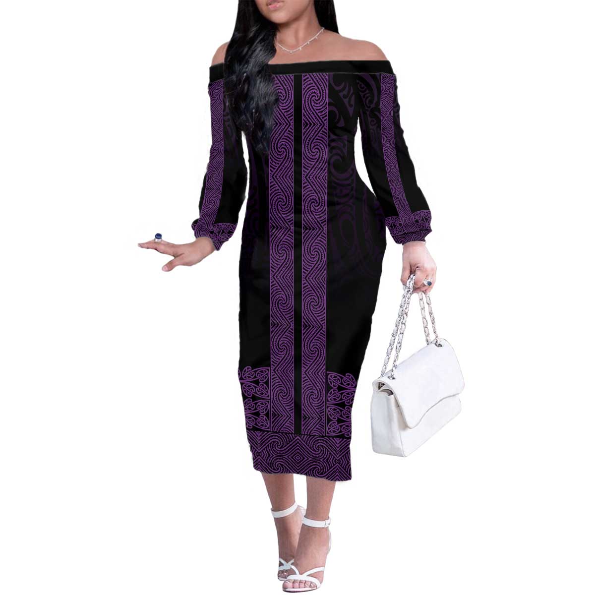 New Zealand Maori Kowhaiwhai Family Matching Off The Shoulder Long Sleeve Dress and Hawaiian Shirt Waiporoporo Maui and Mangopare
