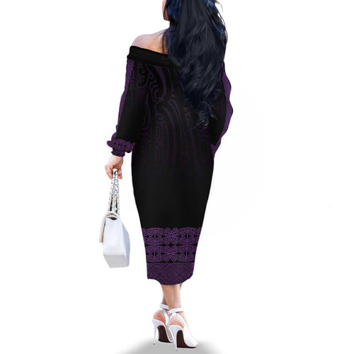 New Zealand Maori Kowhaiwhai Family Matching Off The Shoulder Long Sleeve Dress and Hawaiian Shirt Waiporoporo Maui and Mangopare