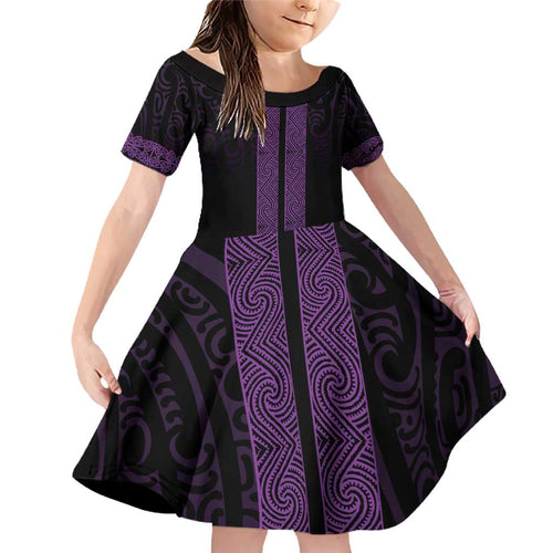 New Zealand Maori Kowhaiwhai Family Matching Off Shoulder Short Dress and Hawaiian Shirt Waiporoporo Maui and Mangopare
