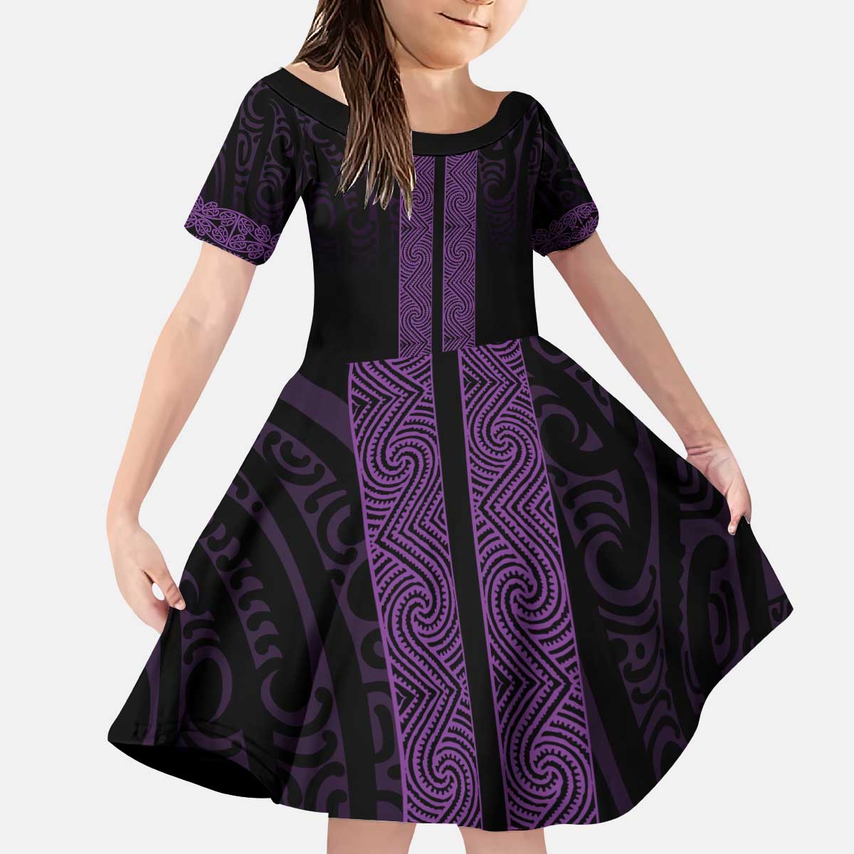 New Zealand Maori Kowhaiwhai Kid Short Sleeve Dress Waiporoporo Maui and Mangopare