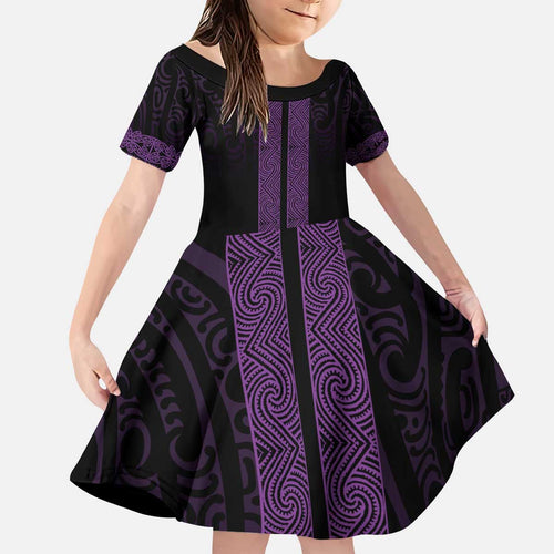 New Zealand Maori Kowhaiwhai Kid Short Sleeve Dress Waiporoporo Maui and Mangopare