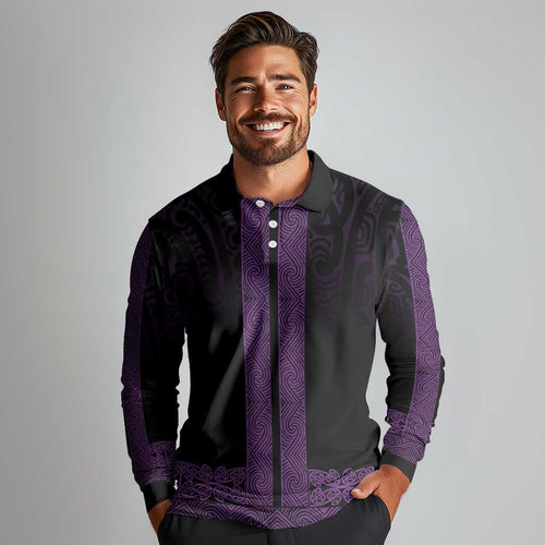 New Zealand Maori Kowhaiwhai Long Sleeve Polo Shirt Waiporoporo Maui and Mangopare