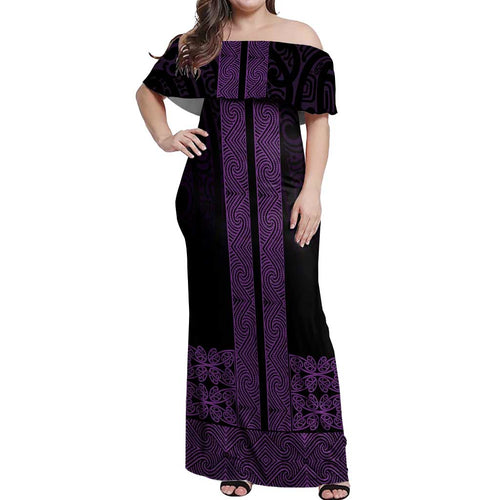 New Zealand Maori Kowhaiwhai Off Shoulder Maxi Dress Waiporoporo Maui and Mangopare