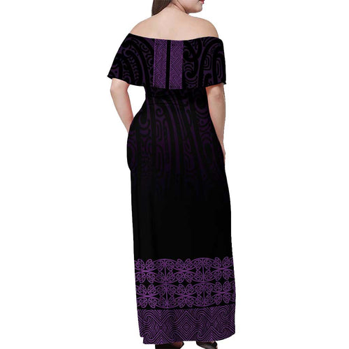 New Zealand Maori Kowhaiwhai Off Shoulder Maxi Dress Waiporoporo Maui and Mangopare