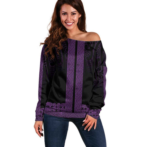 New Zealand Maori Kowhaiwhai Off Shoulder Sweater Waiporoporo Maui and Mangopare