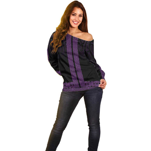 New Zealand Maori Kowhaiwhai Off Shoulder Sweater Waiporoporo Maui and Mangopare