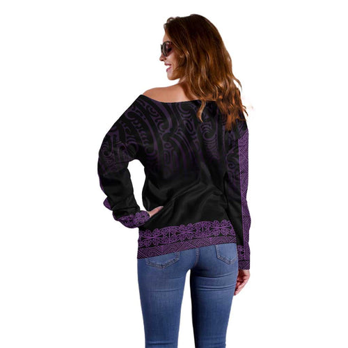 New Zealand Maori Kowhaiwhai Off Shoulder Sweater Waiporoporo Maui and Mangopare