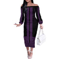 New Zealand Maori Kowhaiwhai Off The Shoulder Long Sleeve Dress Waiporoporo Maui and Mangopare