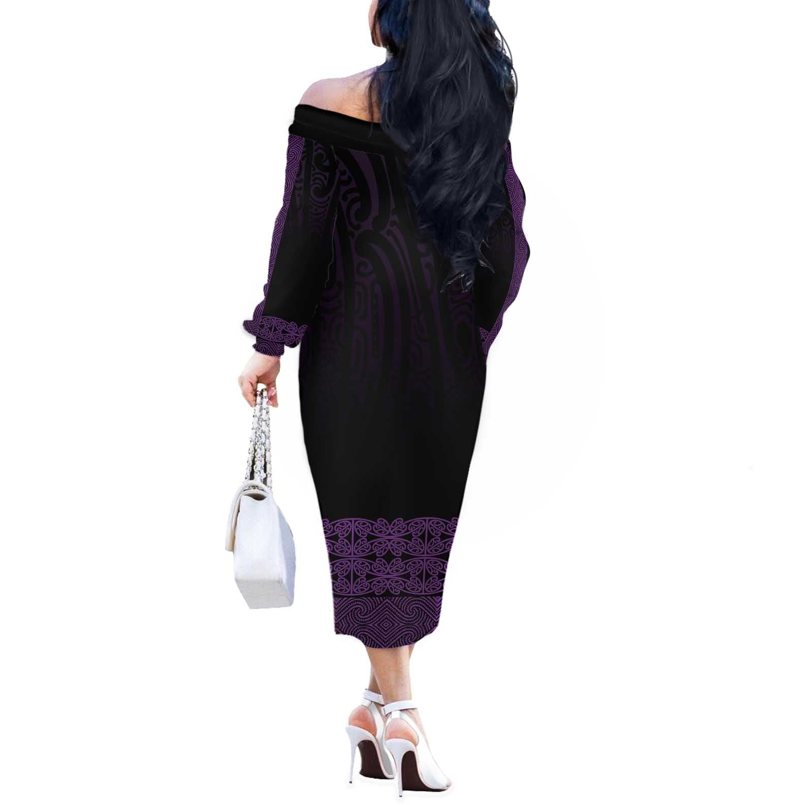 New Zealand Maori Kowhaiwhai Off The Shoulder Long Sleeve Dress Waiporoporo Maui and Mangopare