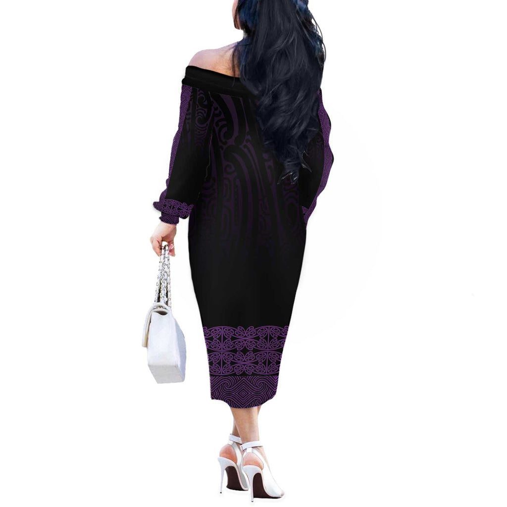 New Zealand Maori Kowhaiwhai Off The Shoulder Long Sleeve Dress Waiporoporo Maui and Mangopare