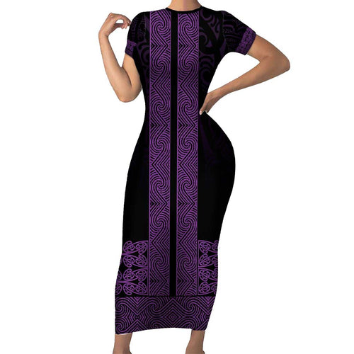 New Zealand Maori Kowhaiwhai Short Sleeve Bodycon Dress Waiporoporo Maui and Mangopare