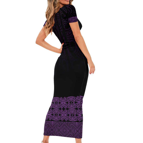 New Zealand Maori Kowhaiwhai Short Sleeve Bodycon Dress Waiporoporo Maui and Mangopare