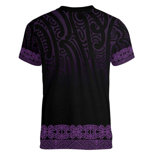 New Zealand Maori Kowhaiwhai Women V-Neck T-Shirt Waiporoporo Maui and Mangopare