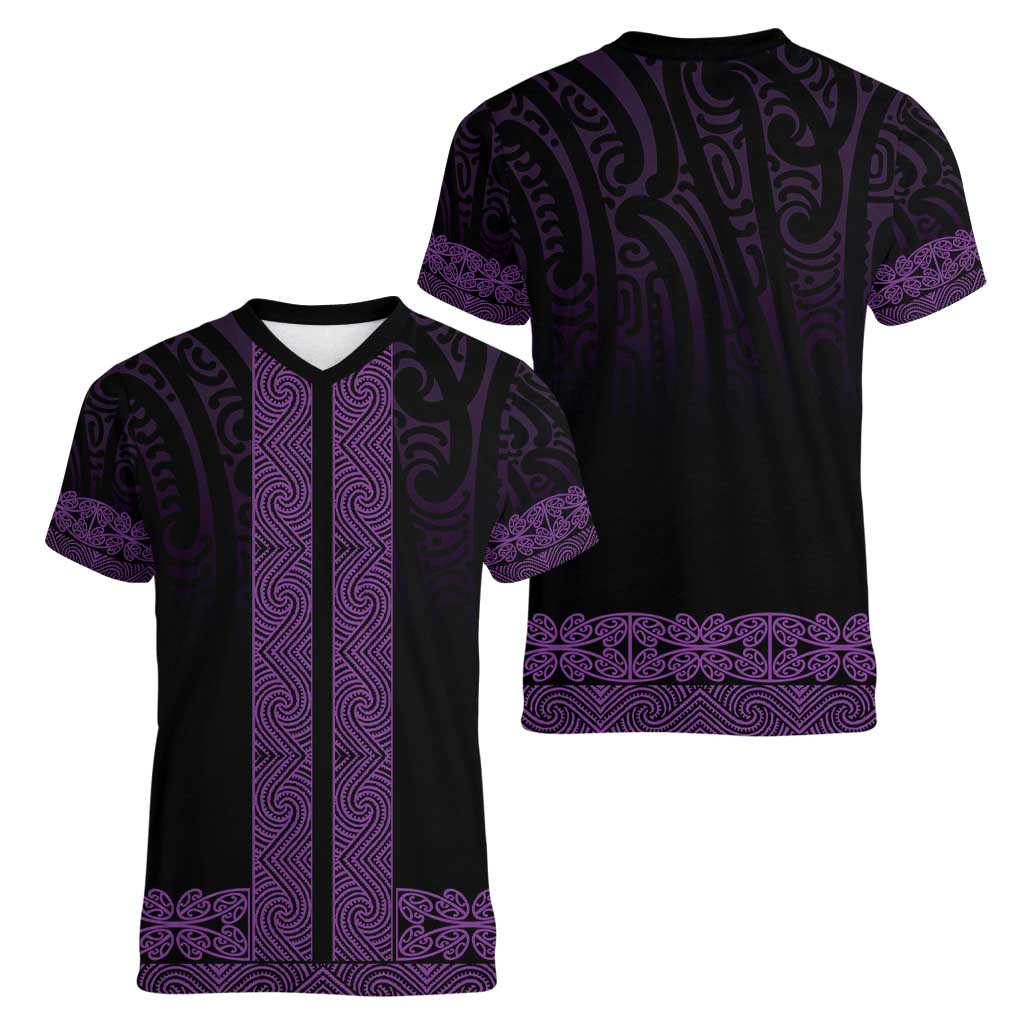 New Zealand Maori Kowhaiwhai Women V-Neck T-Shirt Waiporoporo Maui and Mangopare